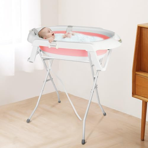 Baignoire Enfant avec Support en Acier,Baignoire Enfants sur Pied,Sécurisée et Confortable Bassine Pliable,Compacte et Transportable,0-3 Ans,Kit De Drainage,Cadeau