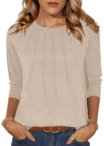 Zeagoo Womens Tops Long Sleeve T Shirts Casual Crew Neck Tshirts Solid Color Autumn Shirts Dressy Pleated Tunic Tops S-XXL