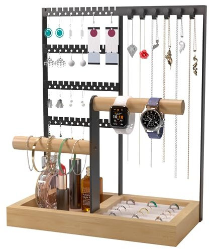 Benxdara Jewellery Stand Organiser, 4-Tier Necklace Holder Stand Display with Necklace Organizer, Wooden Ring Organizer Earring Tray for Bracelets Watches Earrings Rings, Black