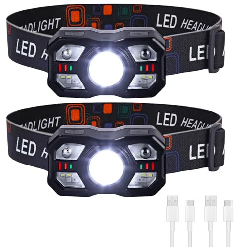 Yuxava Lampe Frontale LED Rechargeable Puissante 2 Pcs, Ultra Lumineuse 2000 Lumens, Légère et Durable avec Capteur et Rouge 10 Modes d'Éclairage IPX5 pour Course, Pêche, Cyclisme, Camping