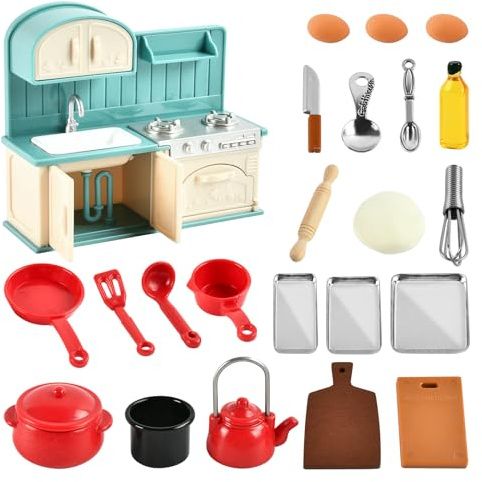 Puppenhaus Küche Set, 23 Stück Puppenhaus Miniatur Küche Zubehör, Puppenhausmöbel Weihnachten Puppenhaus Miniküche Zubehör Set für DIY-Puppenhaus-Dekoration