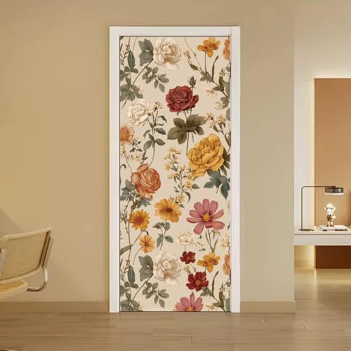 arricraft 2 pezzi adesivi autoadesivi per porta, 80 x 200 cm, stile vintage bohémien botanico motivo floreale con rose, adesivi murali per porte in PVC carta da parati rimovibile decorazione per