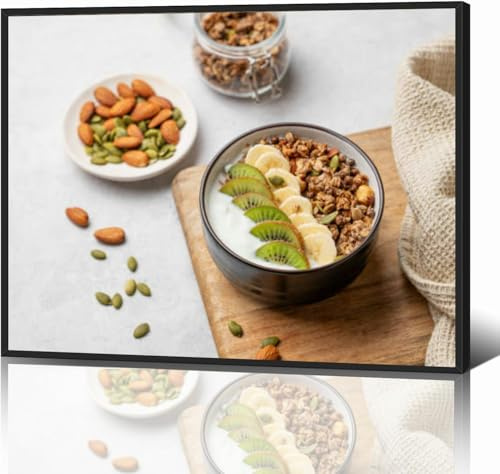 Black Framed Canvas Wall Art Decor for Living Room Bedroom Kitchen Bathroom Office Artwork Painting Muesli yogurt banana and kiwi a bowl a cutting board a light print picture poster 16x24