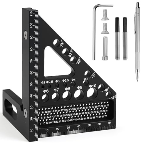 3D Carpenter Square, 22.5°–90° Multi Angle Carpenter Square, 8mm Aluminum Alloy Miter Triangular Ruler with 2.0mm Metal Pencil and Leads, Measuring Tool for Woodworking and DIY, Black