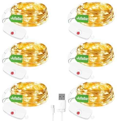 AdalyRoma 6 Stück Mini Lichterkette aufladbar, 3M 30LED, Warmweiß | 8 Modus mit Timing, Akkulaufzeit 60Std, Timer-Modus hält bis zu 8 Tage, Abnehmbares Batteriefach