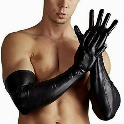 Belnotelt Men's Faux Leather Long Gloves, 52 cm Full-Finger Winter Fashion Gloves for Evening Party, Club Costumes and All-Season Wear, Black