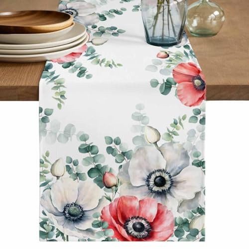 Eucalyptus Leaves Opium Poppy Table Runner 120 Inches Long Spring Flower Plants Coffee Table Runner Retro Rustic Style Kitchen Dining Table Decoration for Indoor Outdoor Home Party 13 x 120 Inch
