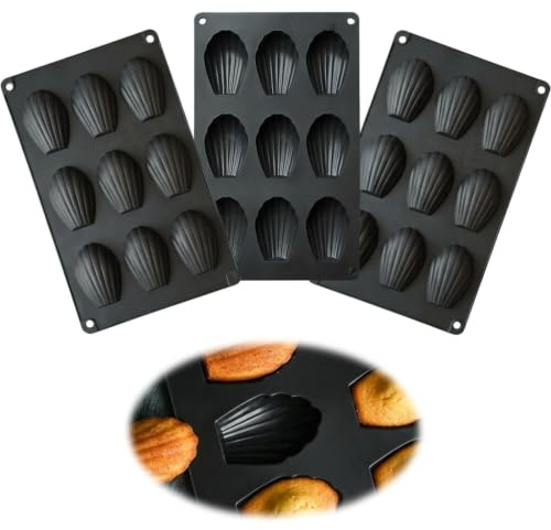 Funver 3 moldes para repostería Madeleine de silicona, sin BPA, resistentes al calor, para Madeleine galletas, chocolate, dulces, pudín negro