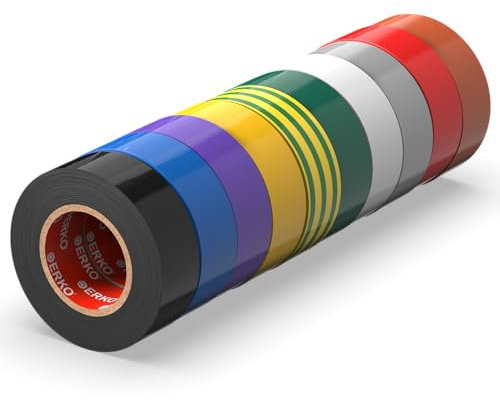 ERKO Cinta aislante 15mm x 10m multicolores 10 piezas, adhesiva para instalaciones eléctricas PVC, para aislar y reparar cables eléctricos, extrafuerte, agrupar cables