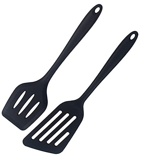 2 Pezzi Spatola a Fessura, Spatole Wok da Cucina, Spatole da Cucina in Silicone, Forata Antigraffio, Antiaderente, Resistenti al Calore, Lavabili in Lavastoviglie, per Pentole Antiaderenti (Nero)