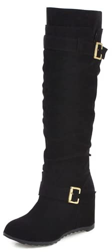 Bcshiye Women's Knee High Low Hidden Wedge Boots Buckle Straps Comfort Wide Calf Flat Slouch Cowboy Cowgirl Long Boots