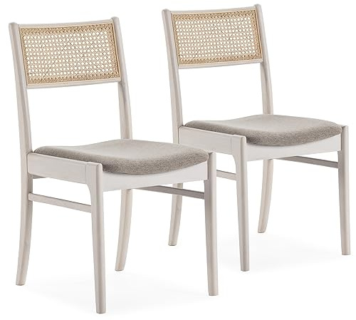 HOMN LIVING Pack de 2 chaises Vilma en Blanc Wash, Bois Massif et rotin Naturel, 45,5 cm (Largeur) 54,5 cm (Profondeur) 82 cm (Hauteur)