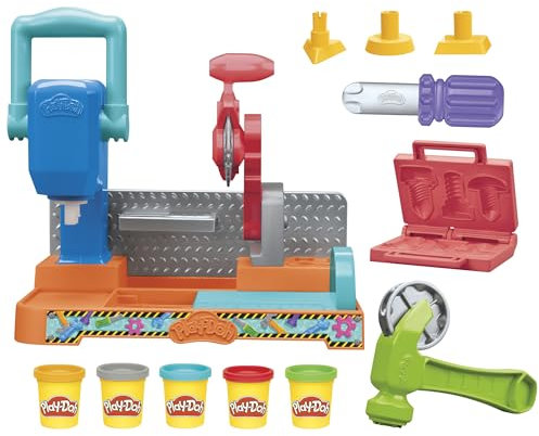 Play-Doh Werkbank Spielset, 5 x 56 g Dosen Modelliermasse in bunten Farben, mit Kreissäge-Spielzeug, Werkzeug und Stempel, kreatives für Kinder ab 3 Jahren