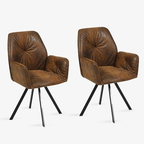 Meuble Cosy Lot de 2 Chaises Salle à Manger Pivotant sur 360° Vintage Fauteuil avec Dossier et Accoudoirs pour Salon Cuisine Bureau, Siège Rembourré en suédine Pieds en Métal, Marron, 60x62x87.5cm