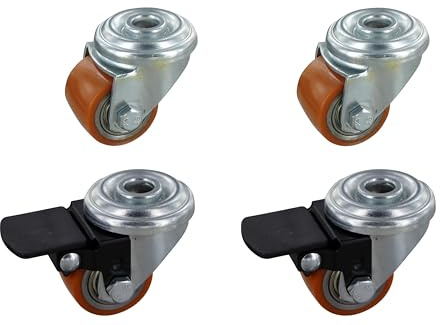 Rollentechnik Satz 4x Mini Schwerlast Rollen | 4x Rollentechnik Lenkrolle 2x mit Bremse Polyurethan Ø35X27 mit Rückenloch Höhe 52 mm Tragfähigkeit 300 kg/Satz