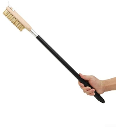 Brosse de four à pizza avec grattoir en acier, manche en bois de 80 cm de long, brosse à barbecue, brosse à pizza pour four à pizza, brosse à pierre à pizza, poils en laiton, accessoires de four à