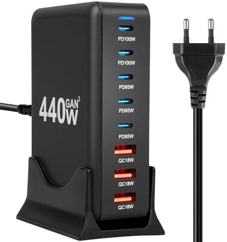 AXFEE 440W Caricatore USB C, 8 Port Stazione di Ricarica Multipla GaN PD3.0, Caricatore Rapido 440W, Portatile Caricabatterie, per iPhone, iPad, Samsung, Huawei, Google Pixel