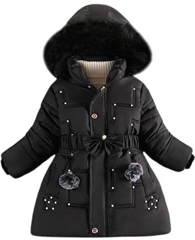 Maeau - Manteau Mi-longue à Capuche Détachable Fille Enfant Hiver Doudoune Matelassé Chaude Parka Veste en Duvet Rembourré Coupe-Vent avec Ceinture - Noir - 5-6 Ans