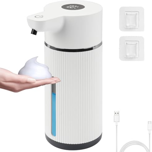 Automatisk tvåldispenser, 420 ml, med digital display och 4-stegsjustering, USB-laddning, kontaktfri och väggmonterad, för badrum, kök, toalett (vit)
