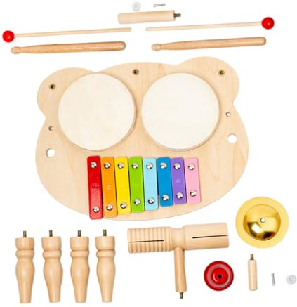 BESTonZON Holz Schlagzeug Set Musikinstrument Pädagogisches Percussion Instrument mit Trommeln Becken und Klangblock Geeignet für Kleinkinder Jahre zur Musikalischen Früherziehung