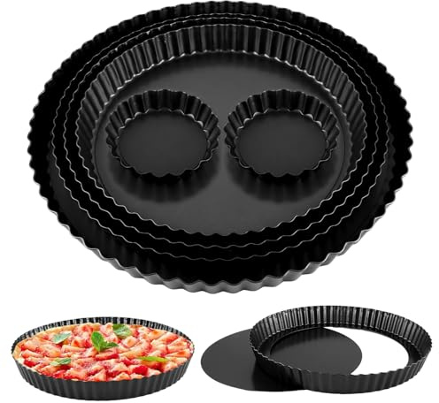 AKOLAFE 6 Stück Quicheform mit 5 Größen Tarteform mit Hebeboden Ø 10 cm 24 cm 26 cm 28 cm und 32 cm Antihaftbeschichtete Tortenboden Backform Rund Obstkuchenform Karbonstahl für Quiche, Tarte, Pie