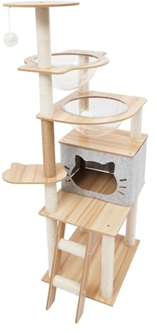 Kratzbaum 135cm Kleiner Katzenbaum mit Höhle Oben Sitzstange Sprungplattform Kratzsäule Korb, Mehrstöckiger Kletterturm Kletterbaum für 3-4 kleine Katzen, Grau
