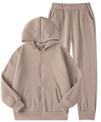 Generico Tuta Bambine e Ragazze Completo 2 Pezzi Felpa con Cappuccio con Cerniera e Pantaloni con Elastico in Vita Tute da Ginnastica Jogging Tuta Sportiva per 5-14 Anni (Khaki, 11-12 Years)