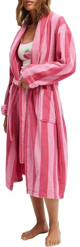 Lshyuehao Women Soft Fleece Dressing Gown Striped Print Front Tie Up Warm Bathrobe Cute Absorbent Bathrobe with Pocket (A-CORAL RED, S)