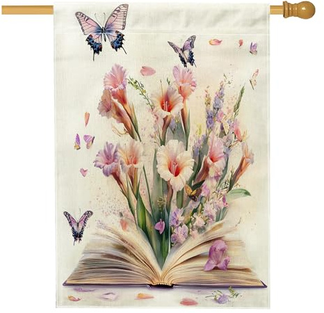 Drapeau de maison en forme de glaïeul printanier, 71,1 x 101,6 cm, double face pour décoration extérieure, livres amusants, fleurs, papillons, drapeau de maison, motif floral extérieur, drapeau de