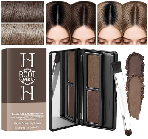 Root Touch Up Medium & Light Brown - Hairline Powder - Waterproof Scalp Concealer & Grey Hair Cover Up With Mirror - Bi-Colour Fine Powder For Facial Shadows, Eyebrow