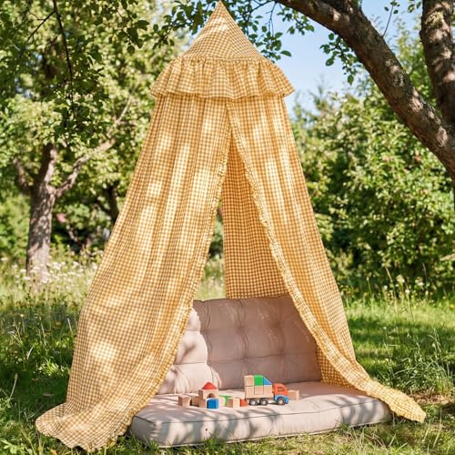 SmoothNovelty Gingham Plaid Bed Canopy, Yellow White, Round | Soft Princess Bed Canopy with Ruffles, Vintage Circus Tent Canopy for Adult Bedroom, Reading Nook, Play Area & Home Decor