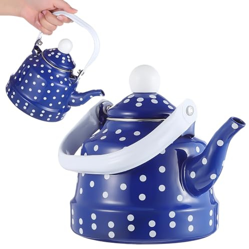 AMUSLESUR Bollitore Vintage Smaltato Blu 1.1l Manico Ergonomico e Beccuccio Curvo per Piano Cottura, Pentola da Tè Stampa a Pois Bianca