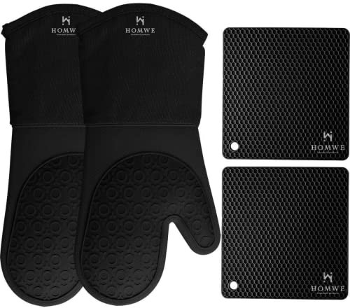 HOMWE Silicone Pot Holders and Potholders Heavy Duty Cooking Gloves Worktop Safe Trivet Mats Black