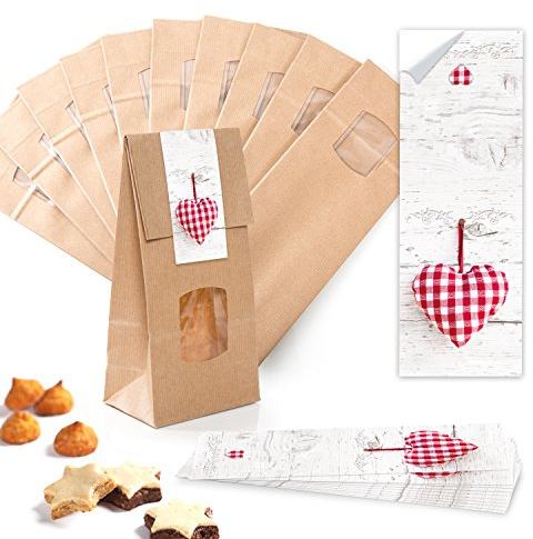 Logbuch-Verlag 25 Blockbodenbeutel braun 10,5 x 6,5 x 29 cm + Folieneinlage + HERZ Aufkleber - Kekstüten Pralinen Verpackung Gastgeschenk Hochzeit