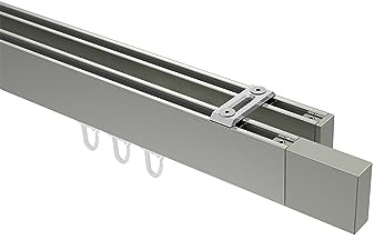 INTERDECO Innenlauf-Gardinenstange eckig 14 x 35 mm 2-läufig, kantige Innenlaufstange aus Metall, Edelstahl-Optik, zur Deckenmontage, Typ 10212917, 220 cm