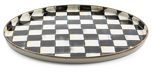 MACKENZIE-CHILDS Enamel Round Tray, Unique Serving Platter for Food and Drinks, Black-and-White Courtly Check