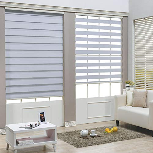 HTTMT- Zebra Roller Blinds [(W) 36“ x (H) 72”] White, Cordless, Dual Layer Shades, Sheer or Privacy Light Control, Day and Night Window Drapes, Easy to Install, Striped Dove [P/N: ET-ZB-W-36]
