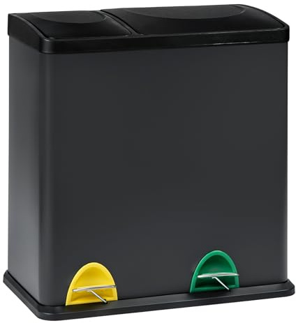 EVRE Recycling Bin, Rectangular 2 Compartment Section 36L Waste Seperation Sortation System with Non Slip Base, Odour Seal, Removable Inner Compartments and Colour Coded (Black)