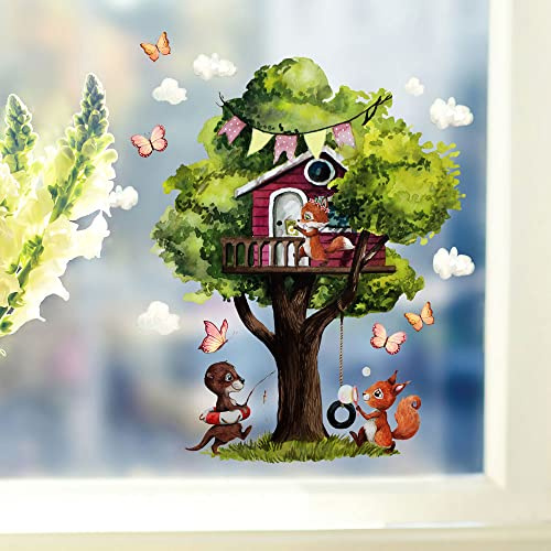 ilka parey Fensterbild Frühling Baumhaus - Baumhaus-Schmetterling, Eichhörnchen - Fensterdeko Frühling wiederverwendbar - Ihre eigene Frühlingsgeschichte in jedem Fenster (bf116)