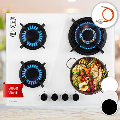 Klarstein Gas Cooker, 4 Burners Gas Hob, 8000W Built In Four Ring Electric Hob, Campervan Cooktops Cookers, Stainless Steel Glass Top Wok Burner, 4 Ring Kitchen Stoves LPG Cookers Burners Units