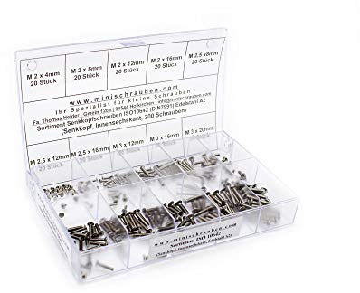 Sortimentskasten mit 200 Stück kleinen Senkkopfschrauben nach ISO10642 (DIN7991) aus Edelstahl A2 (M2, M2,5 und M3), Sechskantkopf. Minischrauben Sortiment inkl. beschrifteter Box