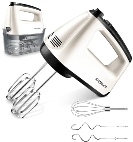 SHARDOR Hand Mixer Electric, 6 Speed & Turbo Handheld Mixer with 5 Stainless Steel Accessories, Electic Mixer for Whipping, Mixing Cookies, Brownie, Cakes, Dough Batters, Snap-On Storage Case, White