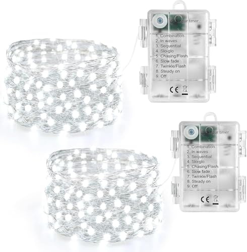 Joomer Lichterkette Batterie 5M, 2 Stück 50 LED Silberfaden Weihnachtsbeleuchtung Außen Timer, 8 Modi Lichterkette Weihnachtsbaum Weihnachtsdeko Wasserdicht für Innen Garten Party Festival Deko, Weiß