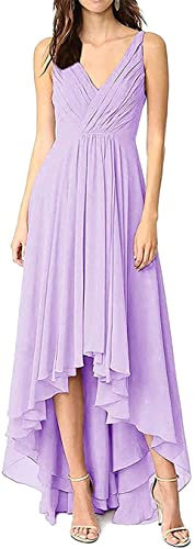 KURFACE Vestidos de dama de honor de la boda altos bajos cuello en V volantes dama de honor vestidos para mujeres jóvenes, Lila, 18