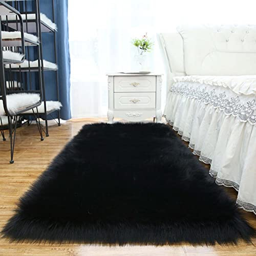 RGRE Nachahmung Lammfell Teppich 80x80cm, Kunstfell Teppich Schwarz, Lange Haare Flauschig Wohnzimmer Teppich, Faux Lammfell Schaffell Bettvorleger Sofa Matte, Fellteppich