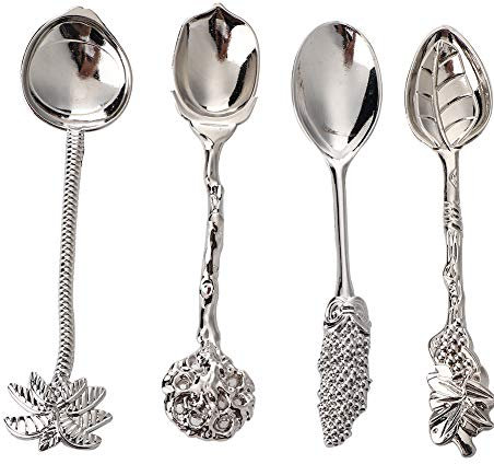 4pcs Coffee Tea Spoon Alloy Stirring Tableware with Different Vintage Pattern for Stir Bar Ice Cream Teaspoons(Silver)