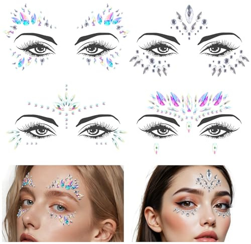 WDZGX Glitzersteine für das Gesicht Gesichtstattoo Glitzer Tattoo Festival | Gesichtsschmuck Face Sticker Steine Gesichts Aufkleber Strasssteine Selbstklebend Strass Klebesteine Fürs Schmucksteine 4STK
