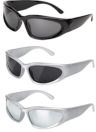 HONGXIN-SHOP Lunettes de Soleil Vintage Lunettes de Ovales Y2K Enveloppant Mode Sport Lunettes Futuriste de Mode pour Hommes Femmes 3 Pack