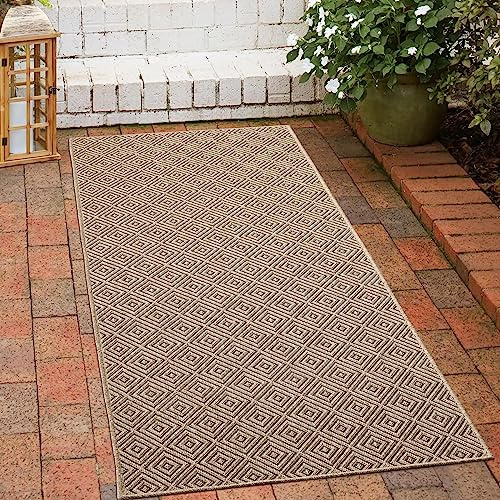 CARPETIA Alfombra Resistente para Exteriores Corredor diseño de Rombos Beige-Negro Resistente para Uso Interior y Exterior Resistente a la Intemperie Aspecto de Yute 80 x 150 cm.