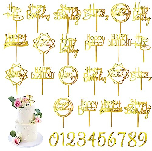 50 PCS Gold Happy Birthday Cake Topper Acrylic Cupcake Topper Pick for Birthday Cake Desserts Decorations (Gold)